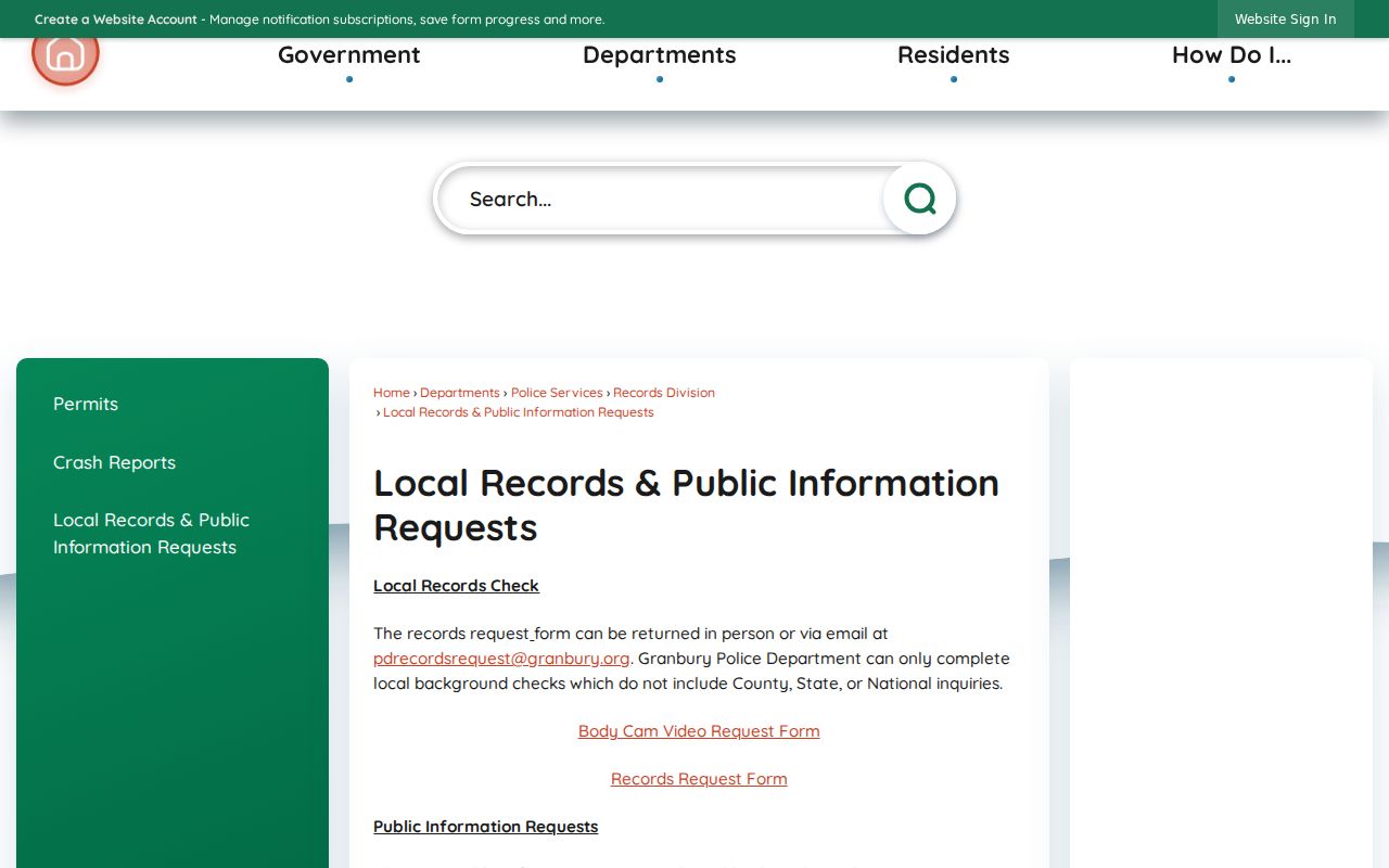 Granbury Police records request for a Hood County arrest lookup