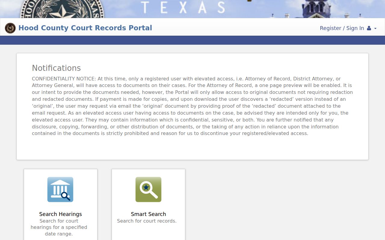 Hood County criminal court case search in Odyssey Public Access