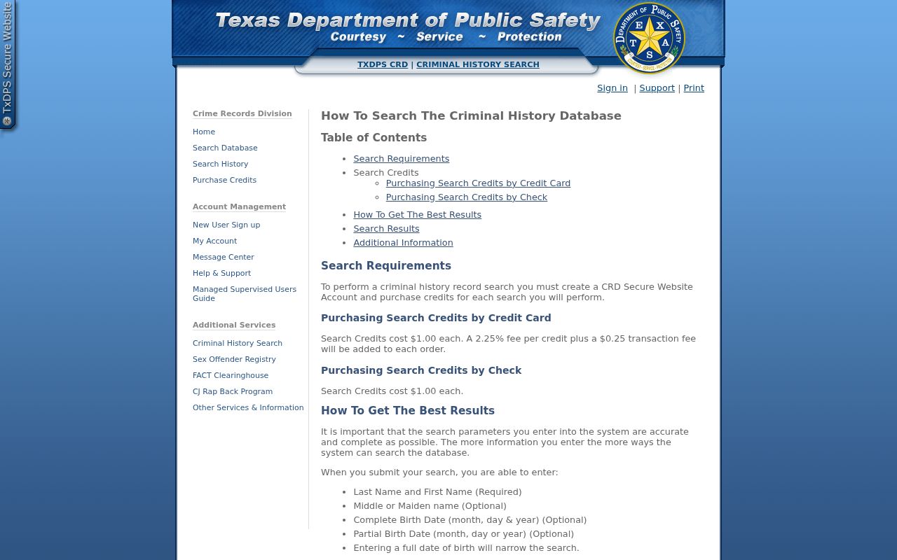 Hood County criminal record search credit guidance from Texas DPS