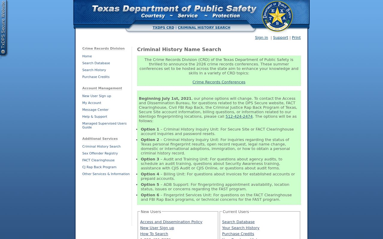 Hood County criminal history search through the Texas DPS portal